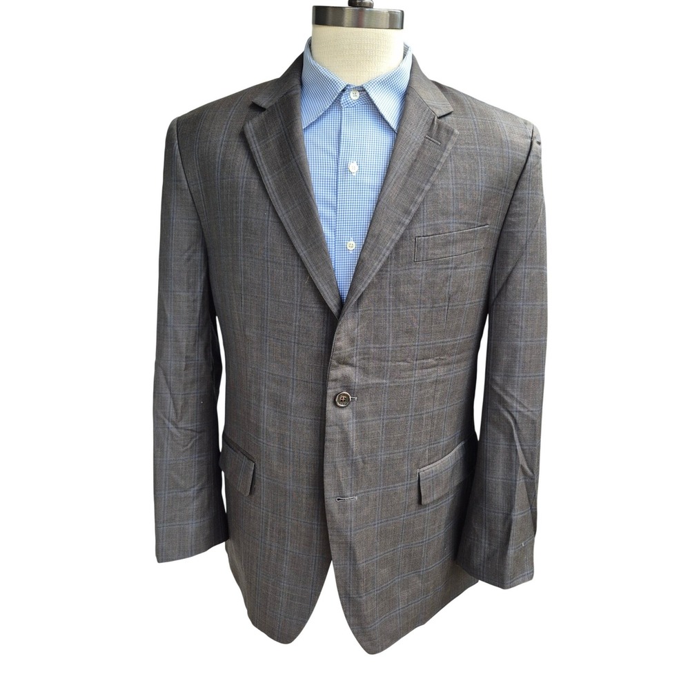 Michael Michael Kors Mens Brown Grey Blue Windowpane Plaid Wool Blend Blazer 42R